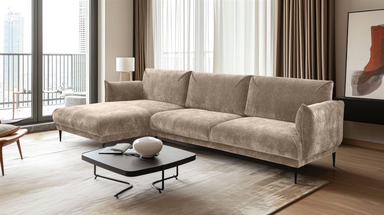 Ecksofa ersofa MADISON in Stoff Dress Me Beige Ottomane Links