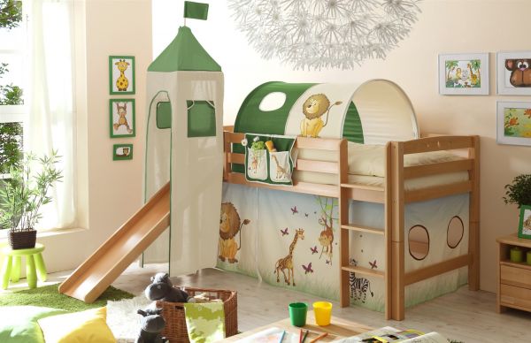 Rutschbett ROBI R XL Buche Natur inkl.Vorhang und Turm Dschungel