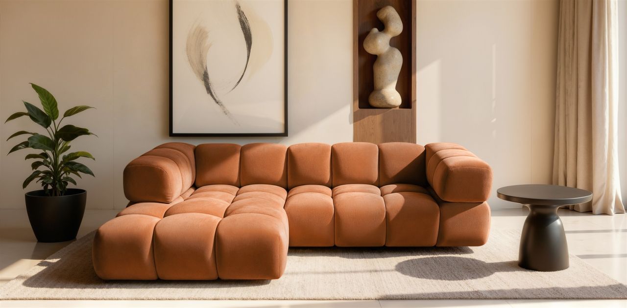 Ecksofa Designersofa BLANCHE in Stoff Bluvel Rostbraun Ottomane Links