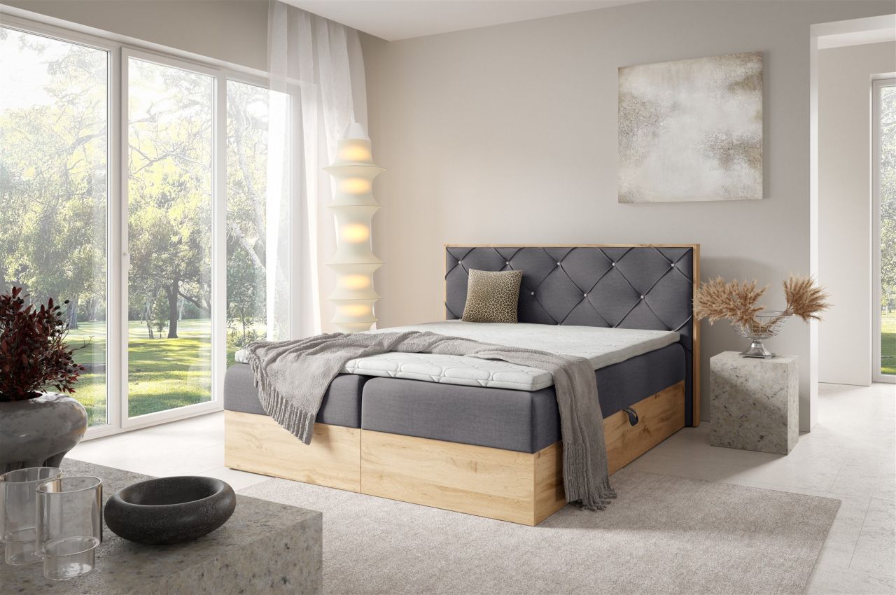 Boxspringbett Schlafzimmerbett HELIOS PREMIUM 200x220cm in Stoff Rouge Grau