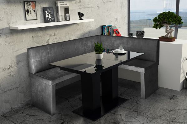 Eckbankgruppe 168x128 cm ROBIN L Vin..Schwarz/ Tisch DANTE Schwarz HGL