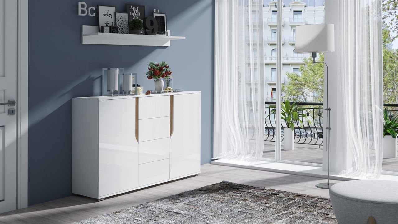 Fun Möbel Sideboard Kommode DALLAS 135x90x40cm Weiß HGL / Eiche matt