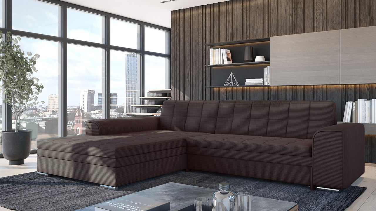 Ecksofa Sofa SARRA mit Schlaffunktion Stoff Lincoln Schokobraun Ottomane Links