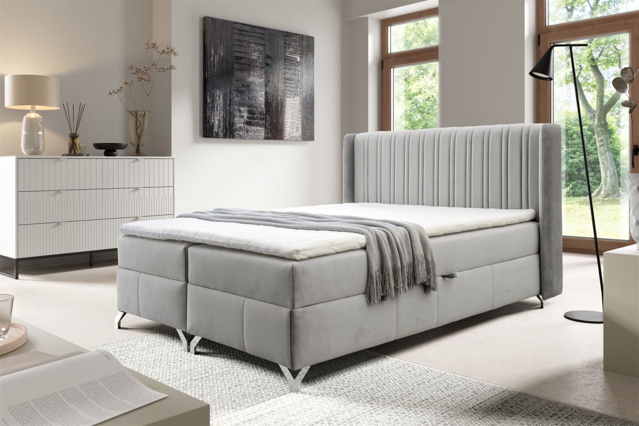 Boxspringbett Schlafzimmerbett DAMIEN 120x200cm Stoff Salvador Hellgrau