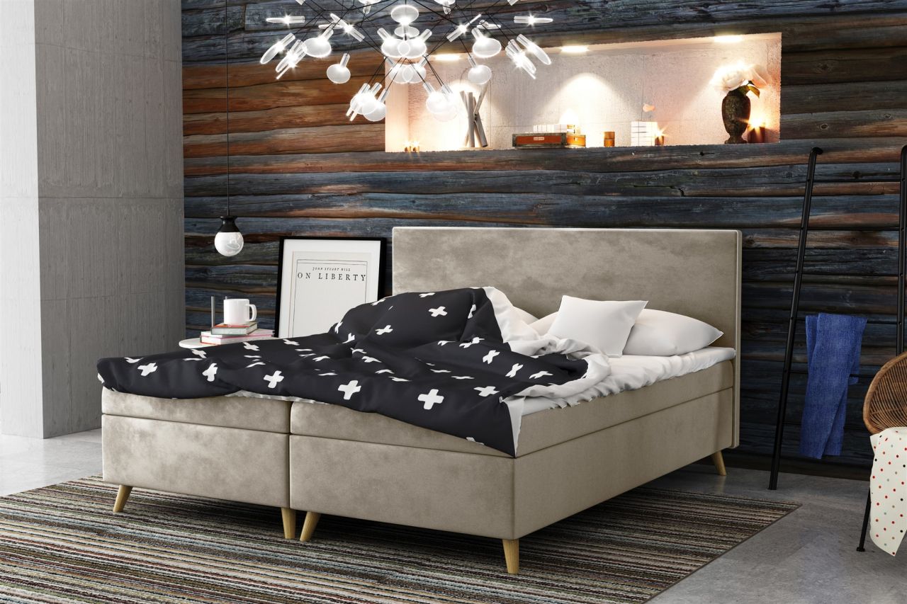 Boxspringbett Schlafzimmerbett Sileno 140x200cm in Stoff Riviera Beige