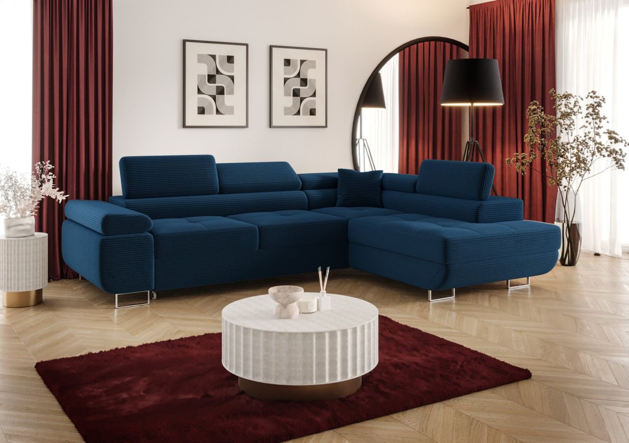 Ecksofa Schlafsofa Sofa MONARO Stoff Poso Blau Ottomane Rechts