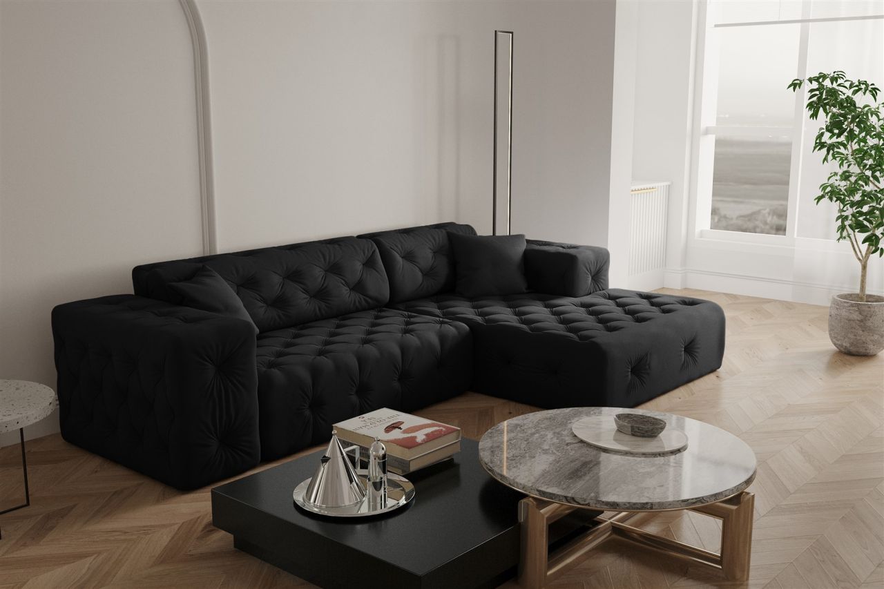 Ecksofa ersofa CHANTAL in Stoff Opera Velvet Schwarz Ottomane Rechts