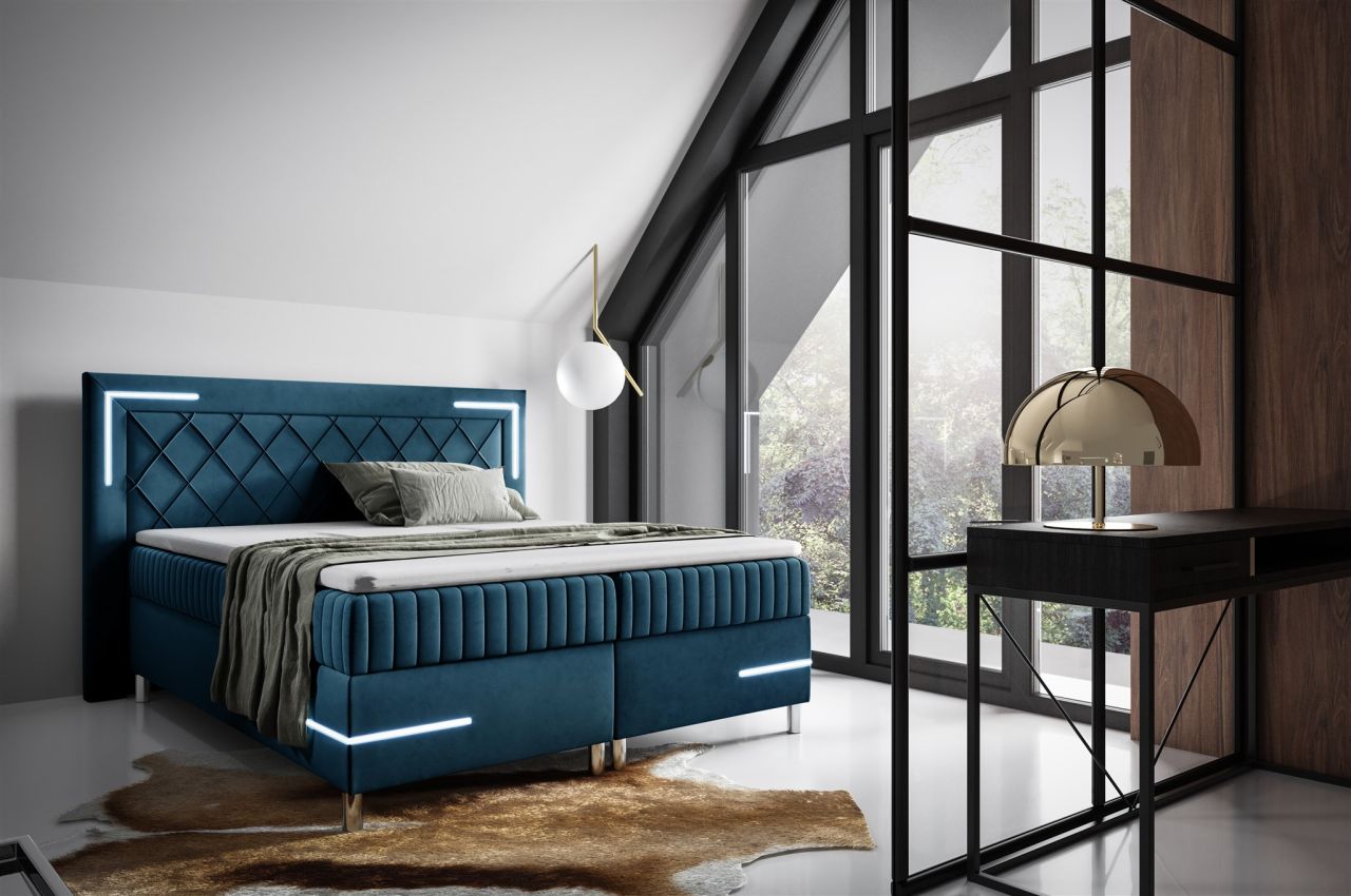 Boxspringbett Schlafzimmerbett 140x200cm AMORE Nr.3 Dunkelblau inkl. LED-Bele...