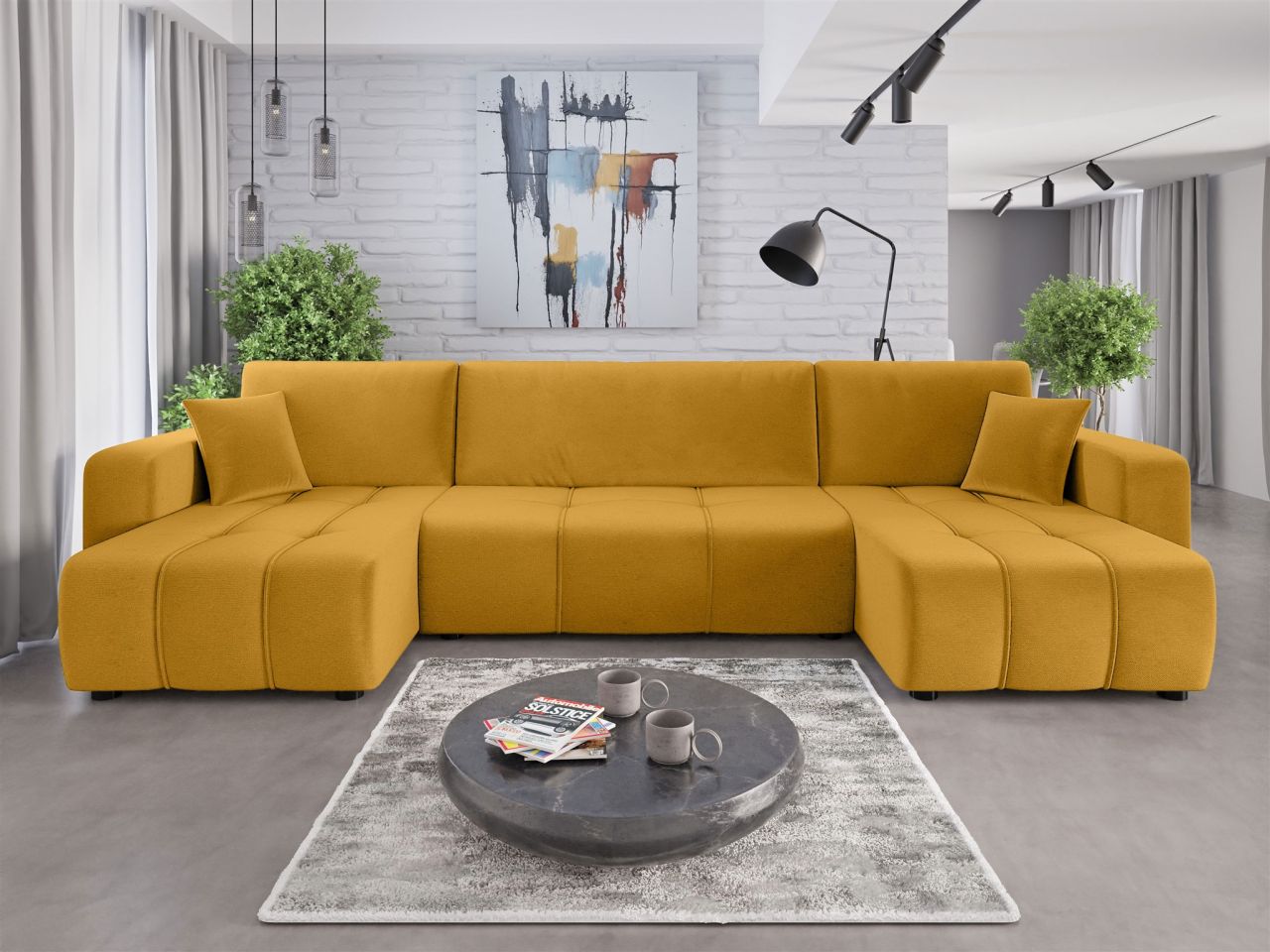 Wohnlandschaft mit Schlaffunktion DAGNY Sofa U-Form in Stoff Kronos Senfgelb