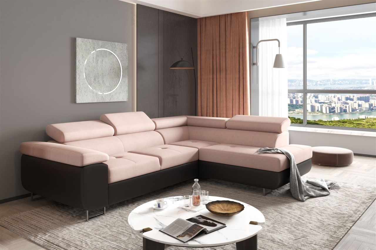 Couchgarnitur JADE Schwarz-Beige mit Schlaffunktion Ottomane Rechts