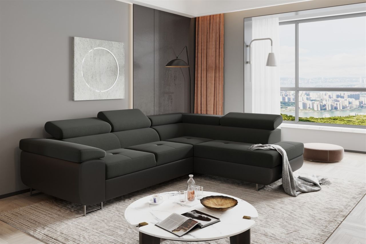 Couchgarnitur JADE Schwarz mit Schlaffunktion Ottomane Rechts