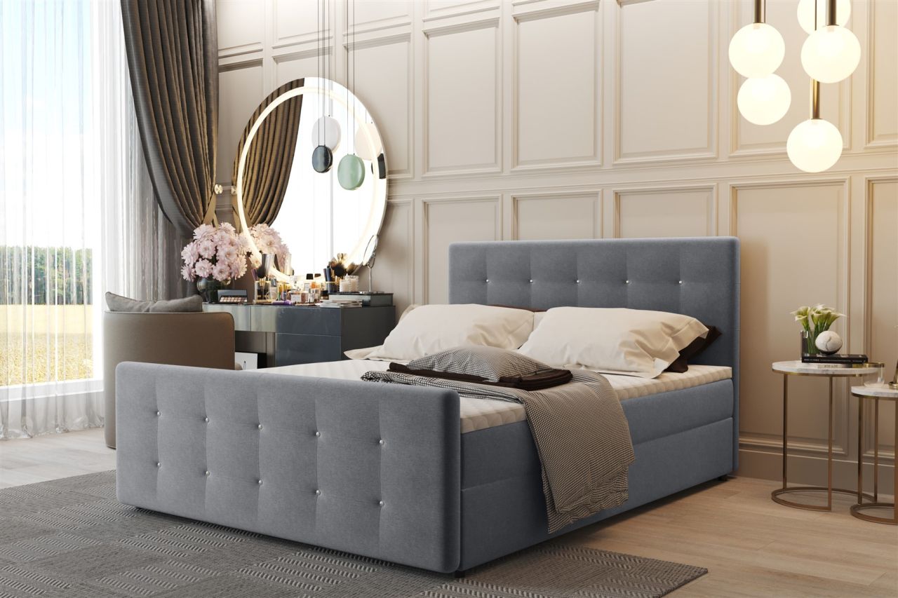 Boxspringbett Schlafzimmerbett CARLOS 160x220cm Stoff Soro Grau inkl.Bettkasten