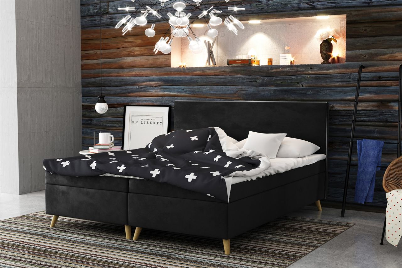 Boxspringbett Schlafzimmerbett Sileno 140x200cm in Stoff Riviera Schwarz