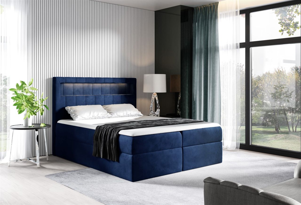 Boxspringbett Schlafzimmerbett STORM 160x200cm Stoff Riviera Blau inkl. LED