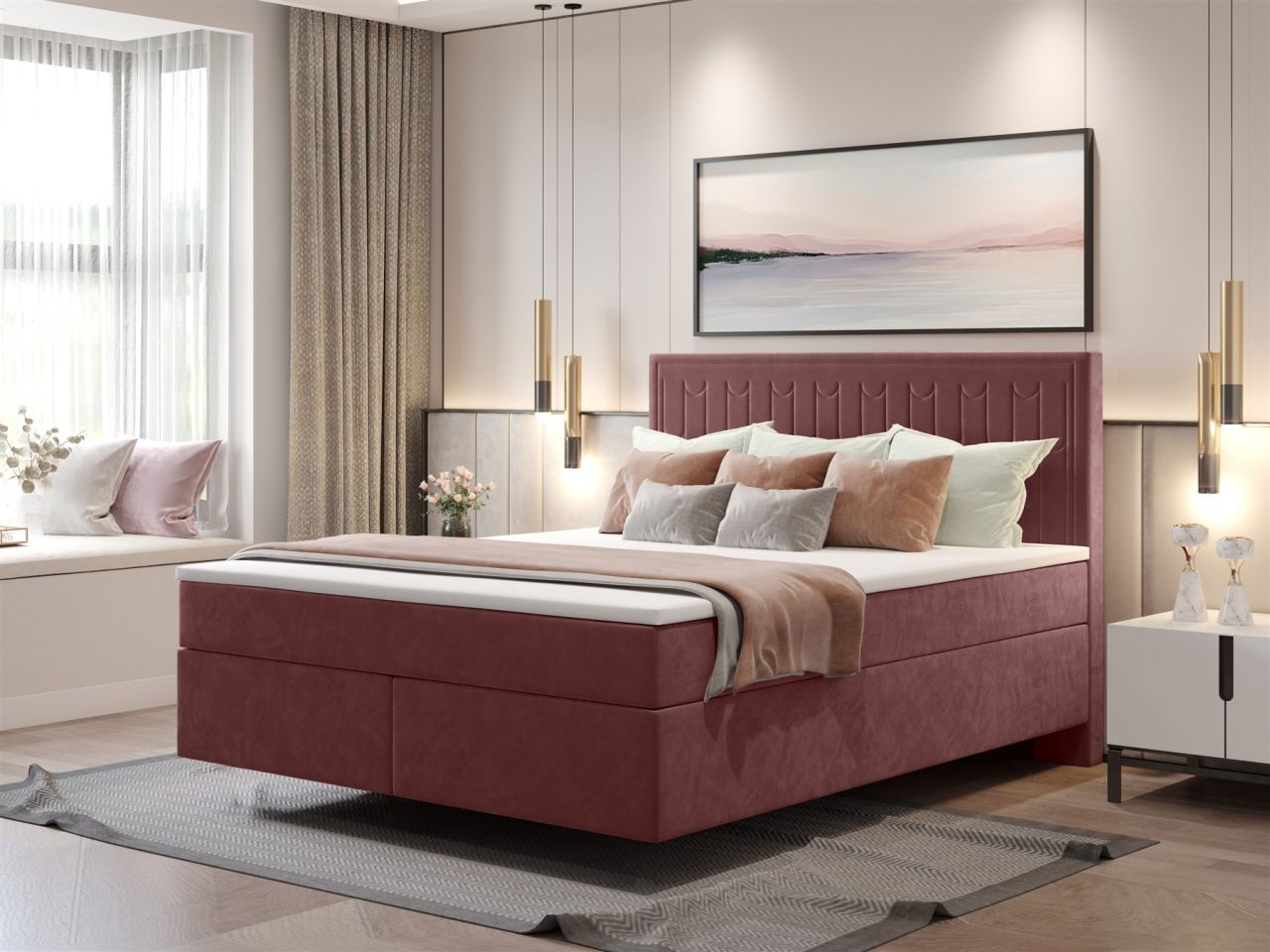 Boxspringbett Schlafzimmerbett ROCIO Nr.1 Premium 120x200cm in Stoff Bordeauxrot
