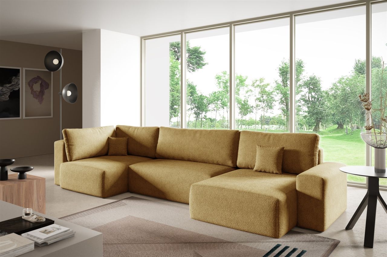 Wohnlandschaft mit Schlaffunktion ARONA XL Stoff Centaur Honiggelb Ottomane R...