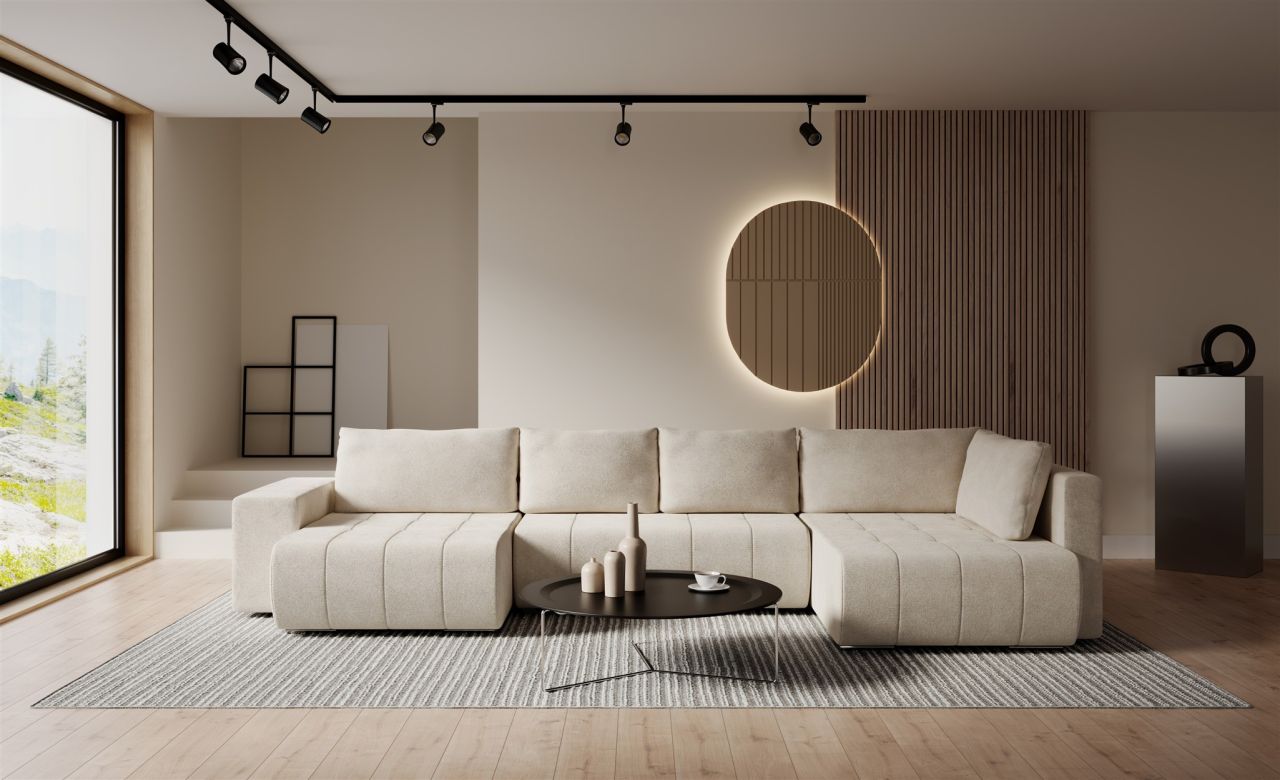 Wohnlandschaft Schlafsofa ARMANDA in Stoff Blur Creme langer Schenkel Rechts