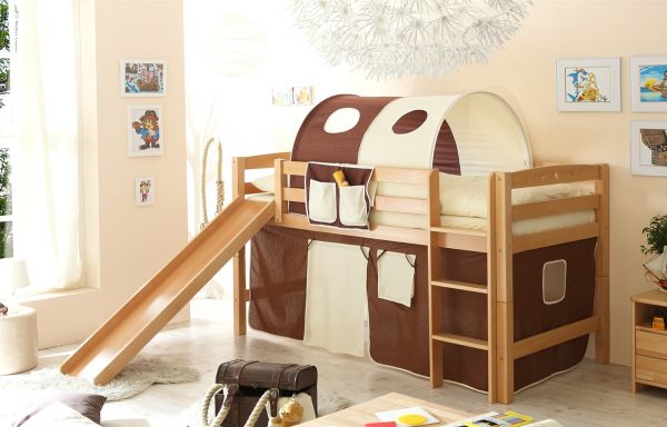 Hochbett ROBI R mit Rutsche Buche Natur + Vorhang Braun/ Beige