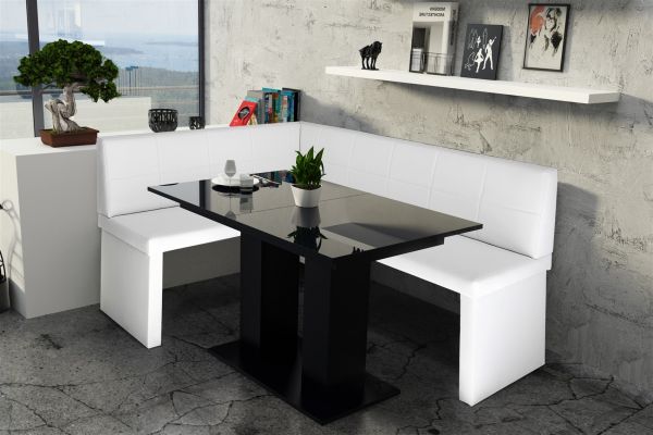 Eckbankgruppe 196x142 cm ROBIN XL R Weiss / Esstisch DANTE Schwarz HGL