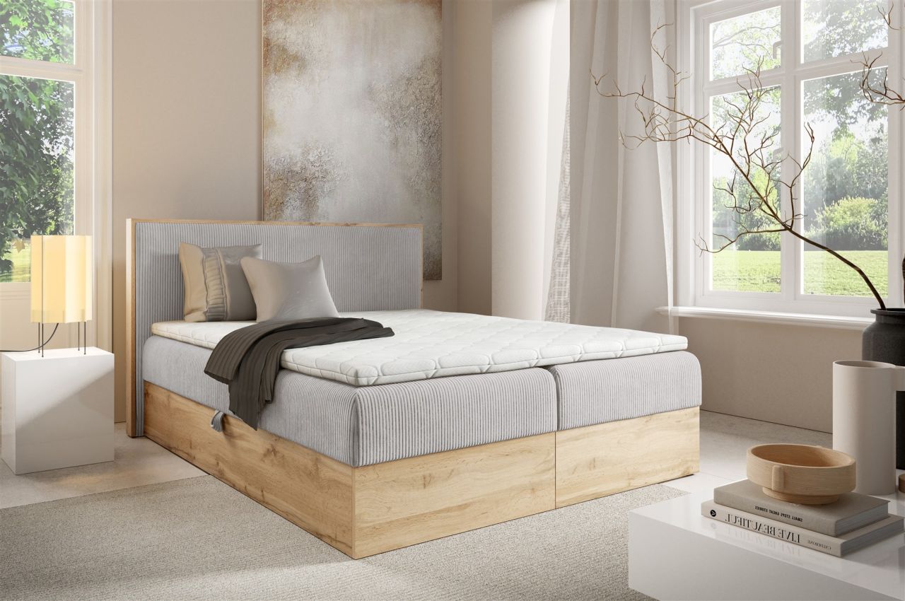 Boxspringbett Schlafzimmerbett ROLAND 140x220cm in Stoff Lincoln Hellgrau