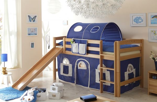 Hochbett ROBI R mit Rutsche Buche Natur + Vorhang Blau/ Weiss