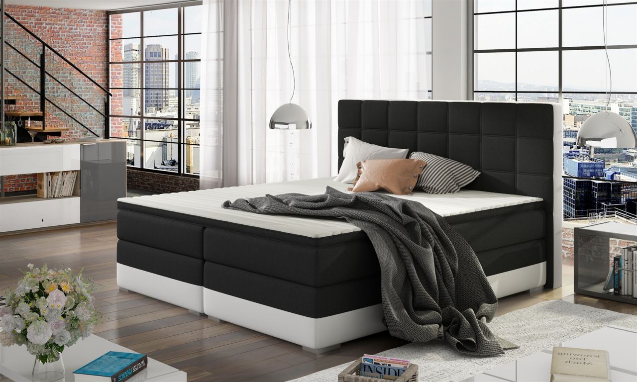 Boxspringbett Bett PRATO Webstoff Schwarz/ Kunstleder Weiß 100x200cm