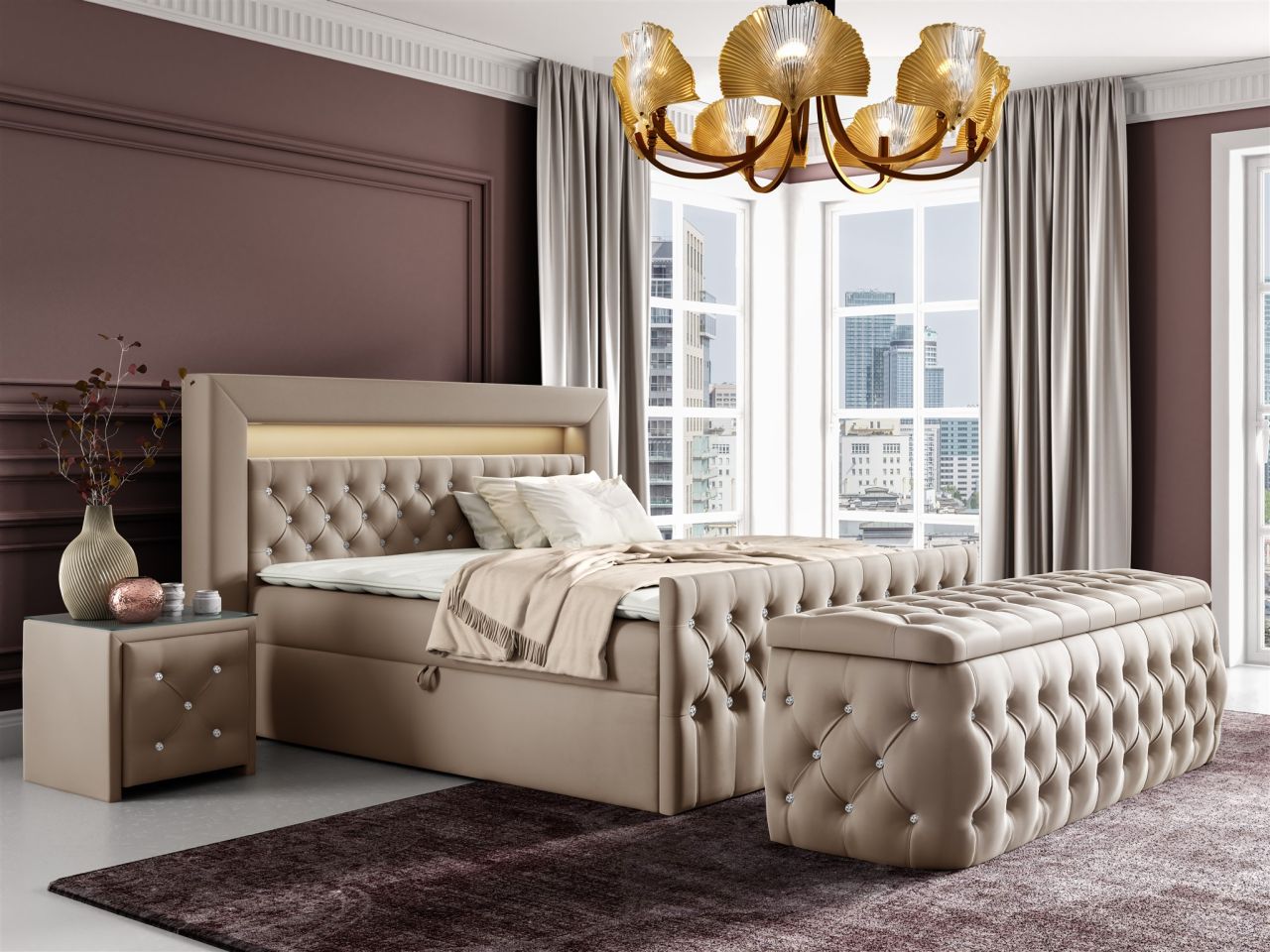 Boxspringbett Schlafzimmerbett SEVRA Nr.4 180x200cm in Elisa Velvet Beige