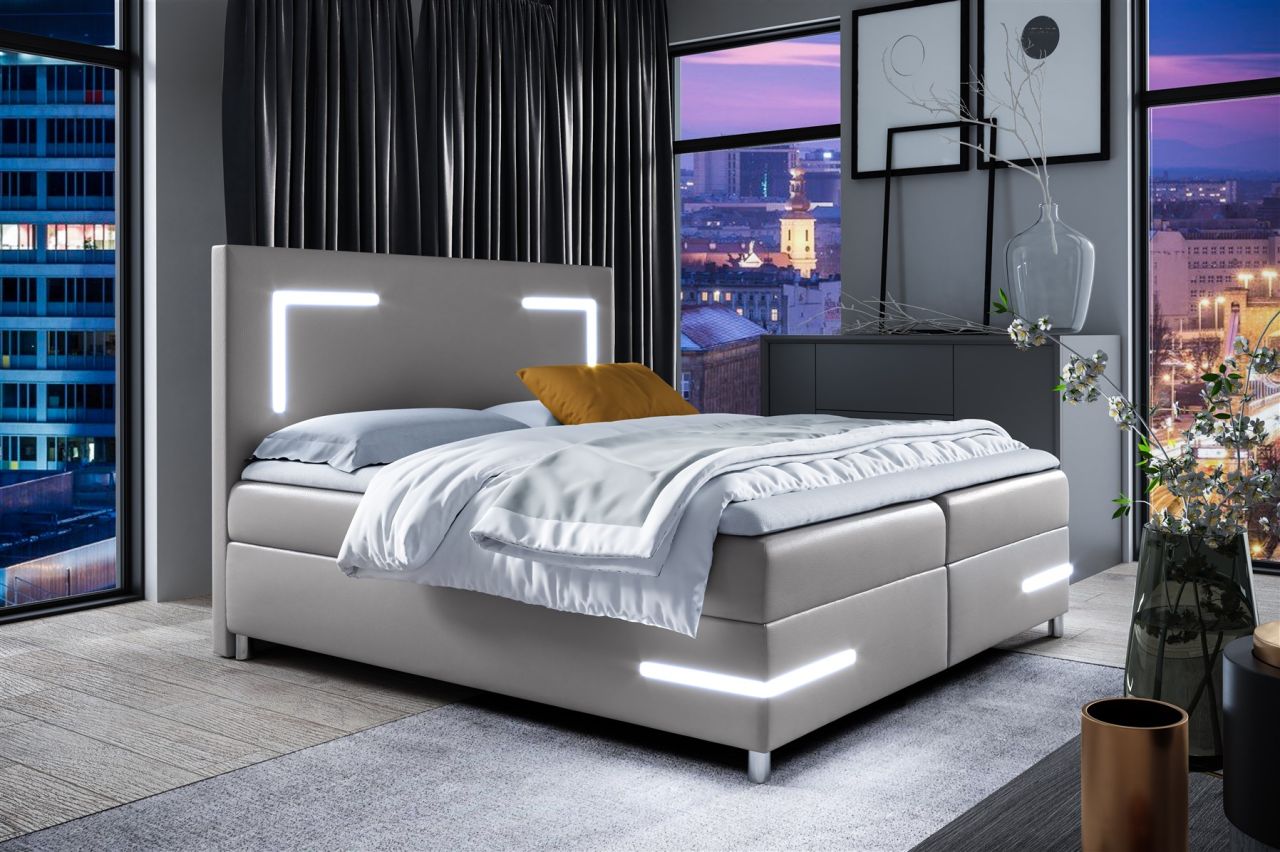 Boxspringbett Schlafzimmerbett ARIANO 160x200cm Grau inkl. Bettkasten und LED