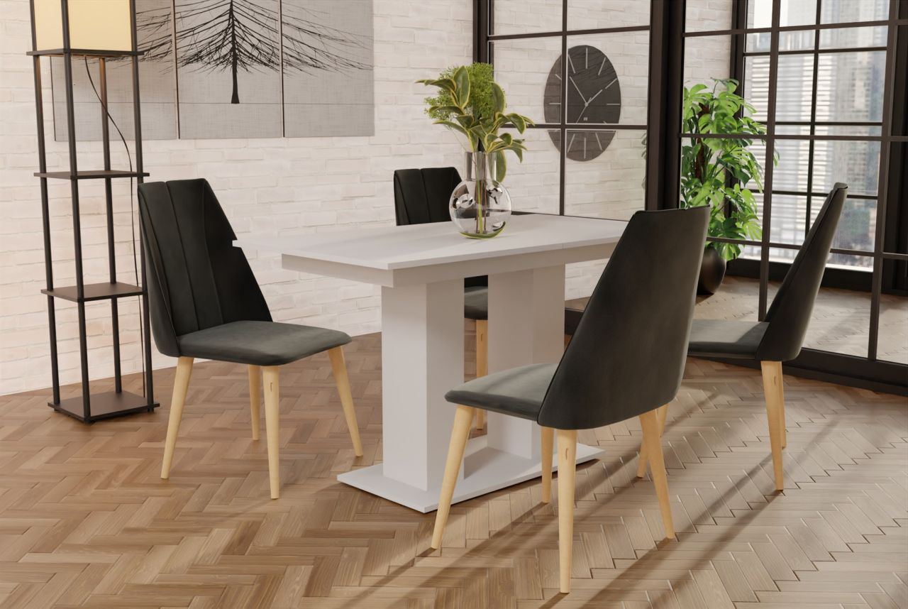 Essgruppe Weiss matt-Tisch mit 4 Dunkelgrau CAROS Stühlen für Esszimmer oder ...