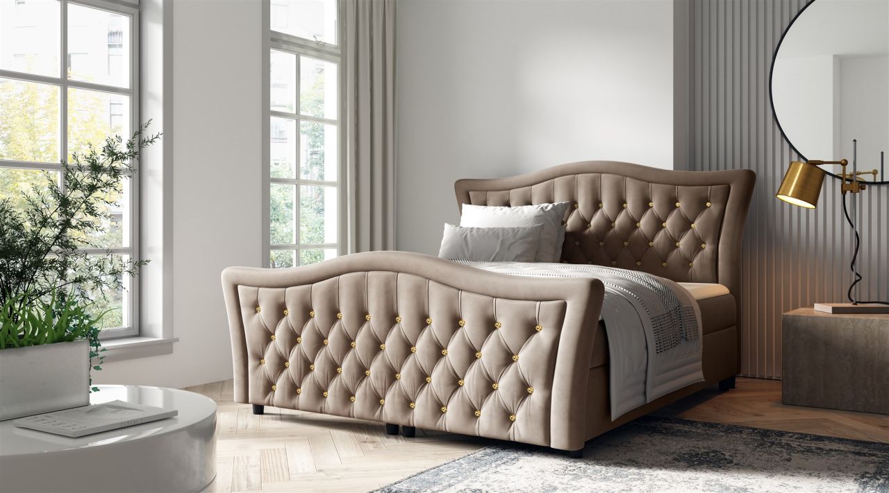 Boxspringbett Schlafzimmerbett TURHAN 140x200cm Stoff Elisa Velvet Cappuccino