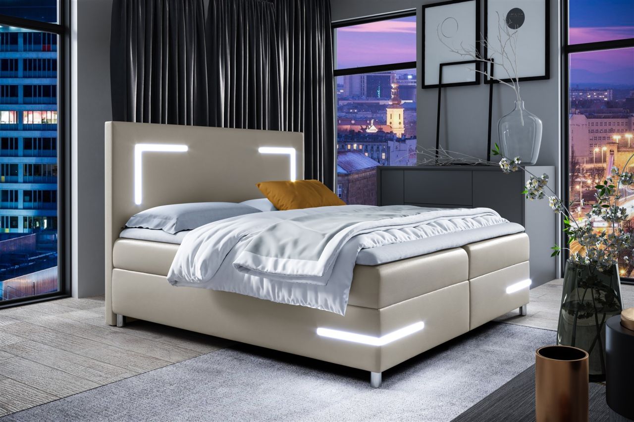 Boxspringbett Schlafzimmerbett ARIANO 160x200cm Cappuccino inkl. Bettkasten LED