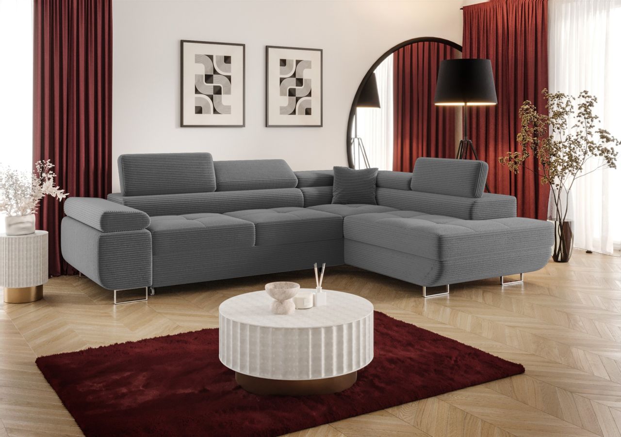Ecksofa Schlafsofa Sofa MONARO Stoff Poso Grau Ottomane Rechts