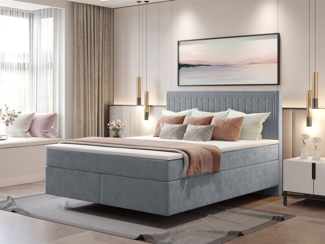 Boxspringbett Schlafzimmerbett ROCIO Nr.1 Premium 120x200cm in Stoff Graublau
