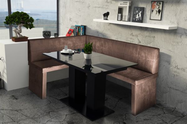 Eckbankgruppe 168x128 cm ROBIN R Vin..Braun/Esstisch DANTE Schwarz HGL