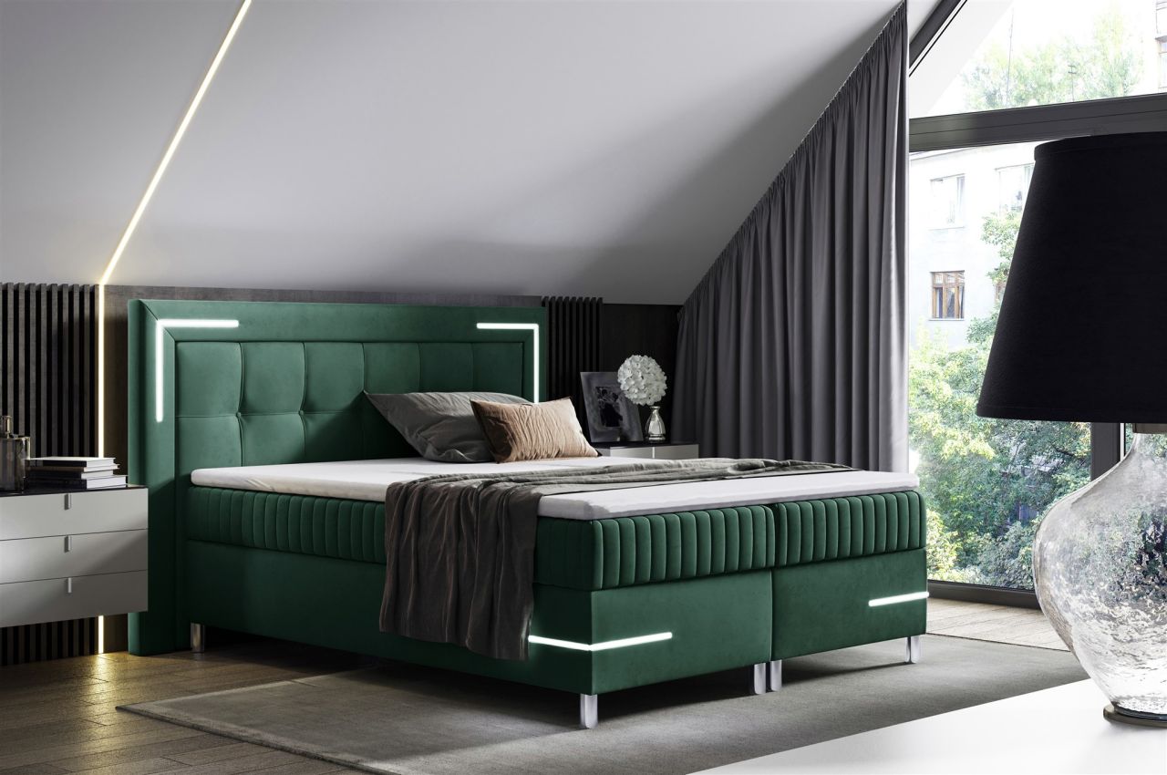 Boxspringbett Schlafzimmerbett 120x200cm AMORE Nr.1 Grün inkl. LED-Beleuchtung