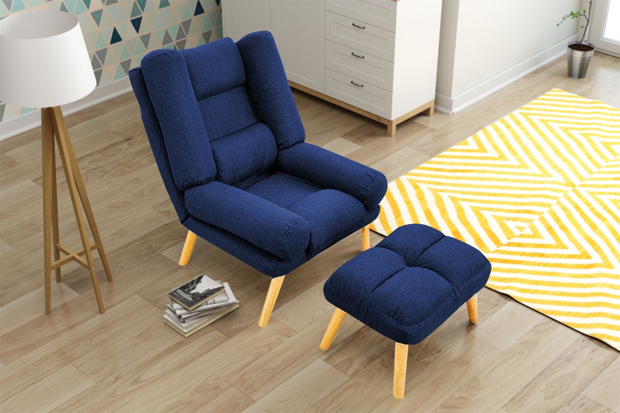 Relaxsessel Sessel VENICE verstellbar in Stoffbezug Blau inkl.Hocker