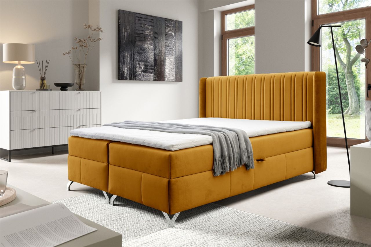 Boxspringbett Schlafzimmerbett DAMIEN 120x200cm Stoff Salvador Honiggelb