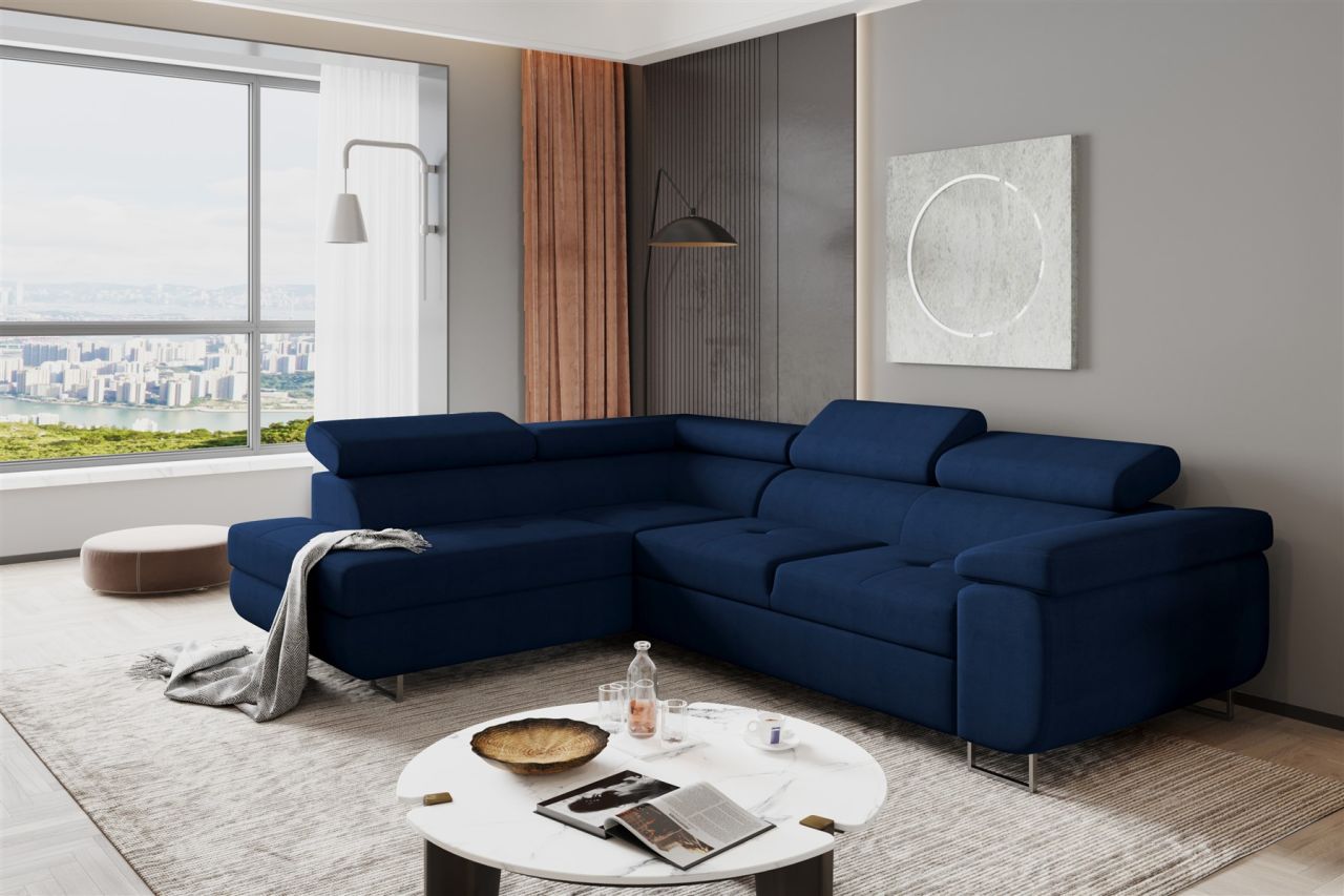 Couchgarnitur JADE Stoff Dunkelblau mit Schlaffunktion Ottomane Links