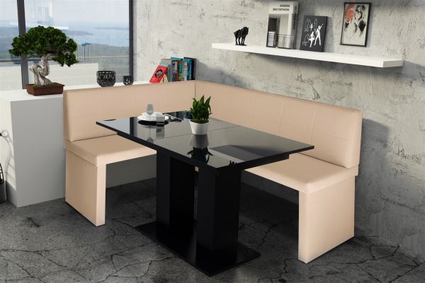 Eckbankgruppe 168x128 cm ROBIN R Creme / Esstisch DANTE Schwarz HGL