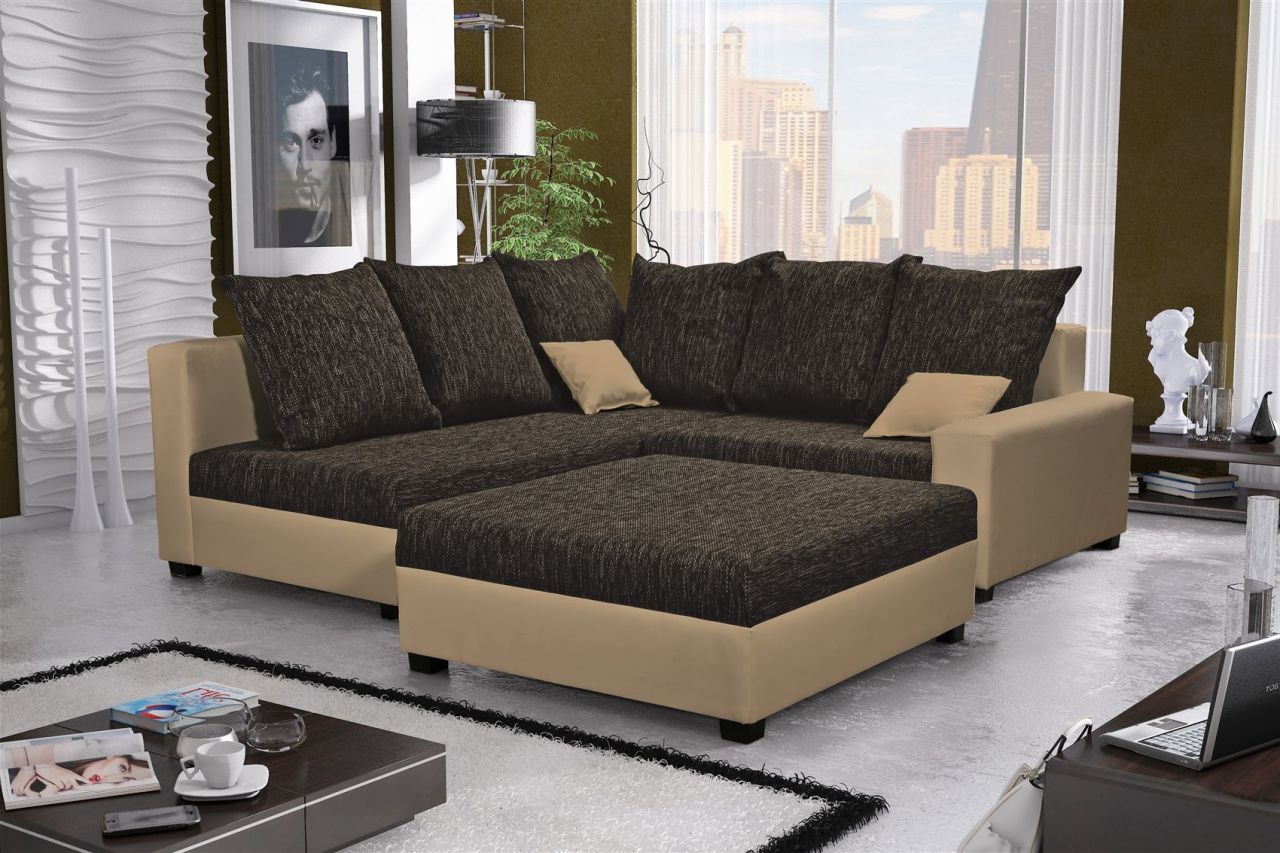 Ecksofa Sofa NINA inkl.Hocker Beige / Dunkelbraun Ottomane Links