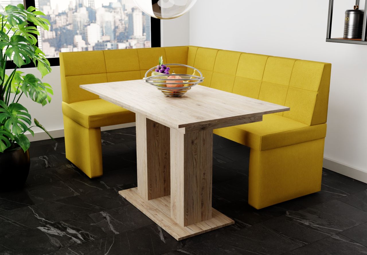 Eckbankgruppe 196x142 cm BLAKE XL R Stoff Soro Gelb / Esstisch DANTE Sonoma