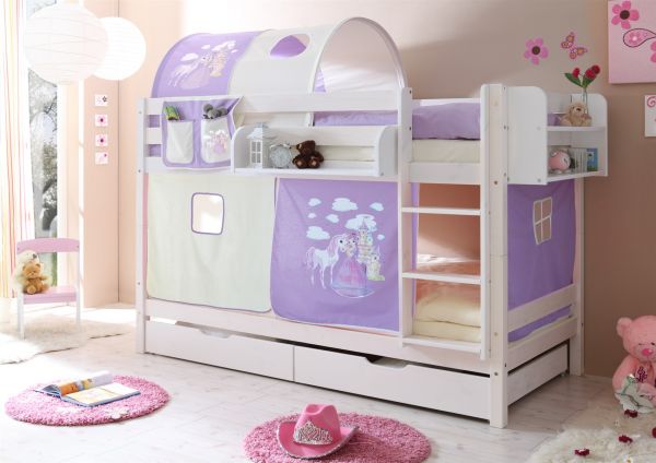 Systembett Hochbett KENIX Kiefer massiv Weiss inkl.Vorhang Horse Lila
