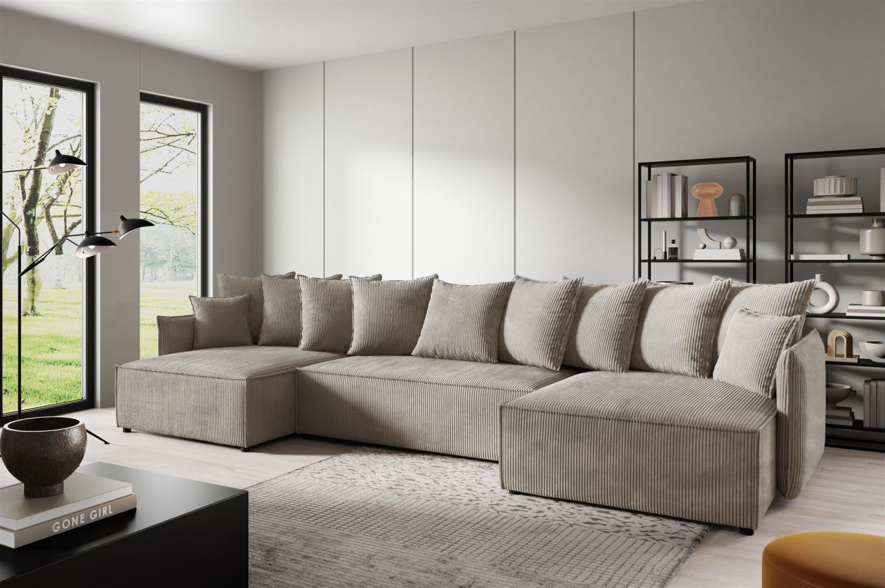 Wohnlandschaft mit Schlaffunktion MINEA Sofa U-Form in Stoff Poso Beige