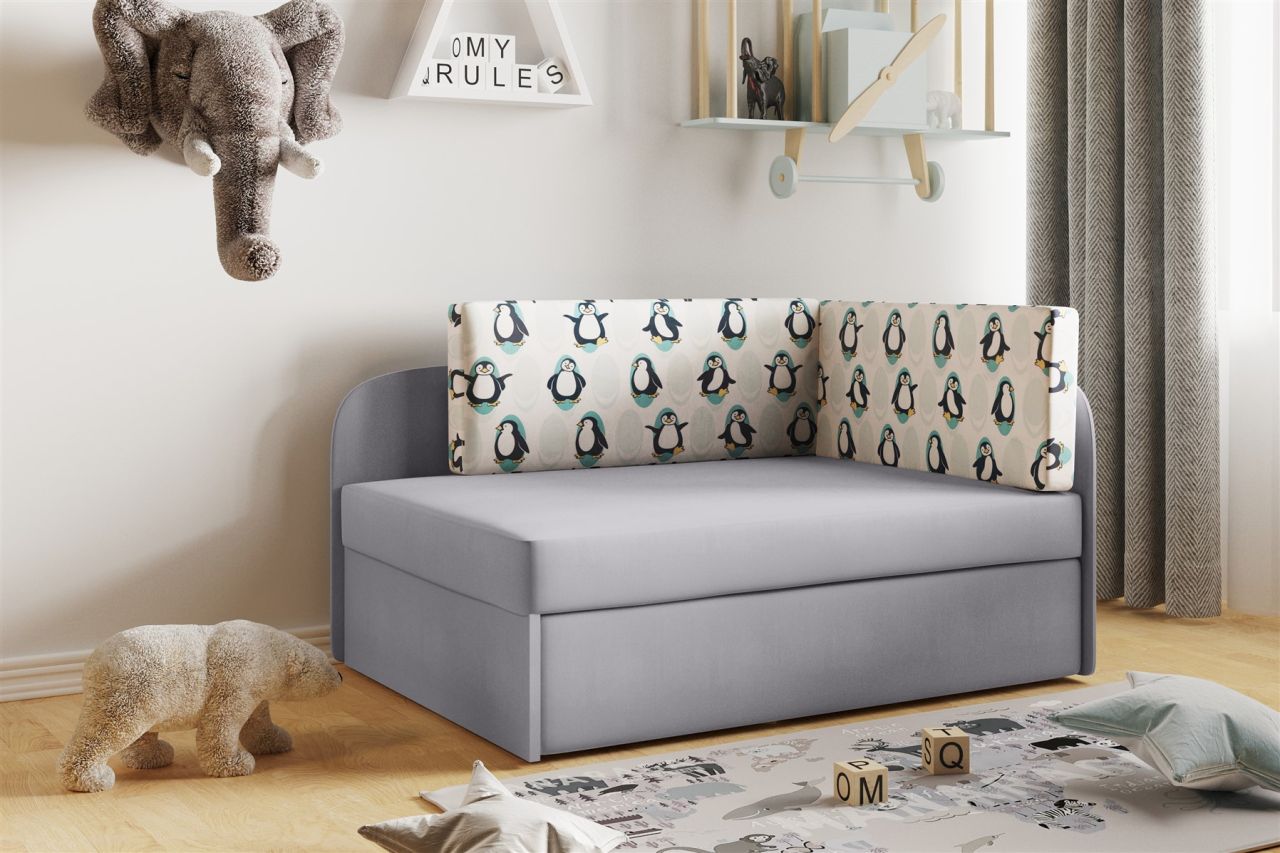 Sofa Kindersofa Schlafsofa inkl. Bettkasten MAILO Seite Links Stoff Grau-Ping...