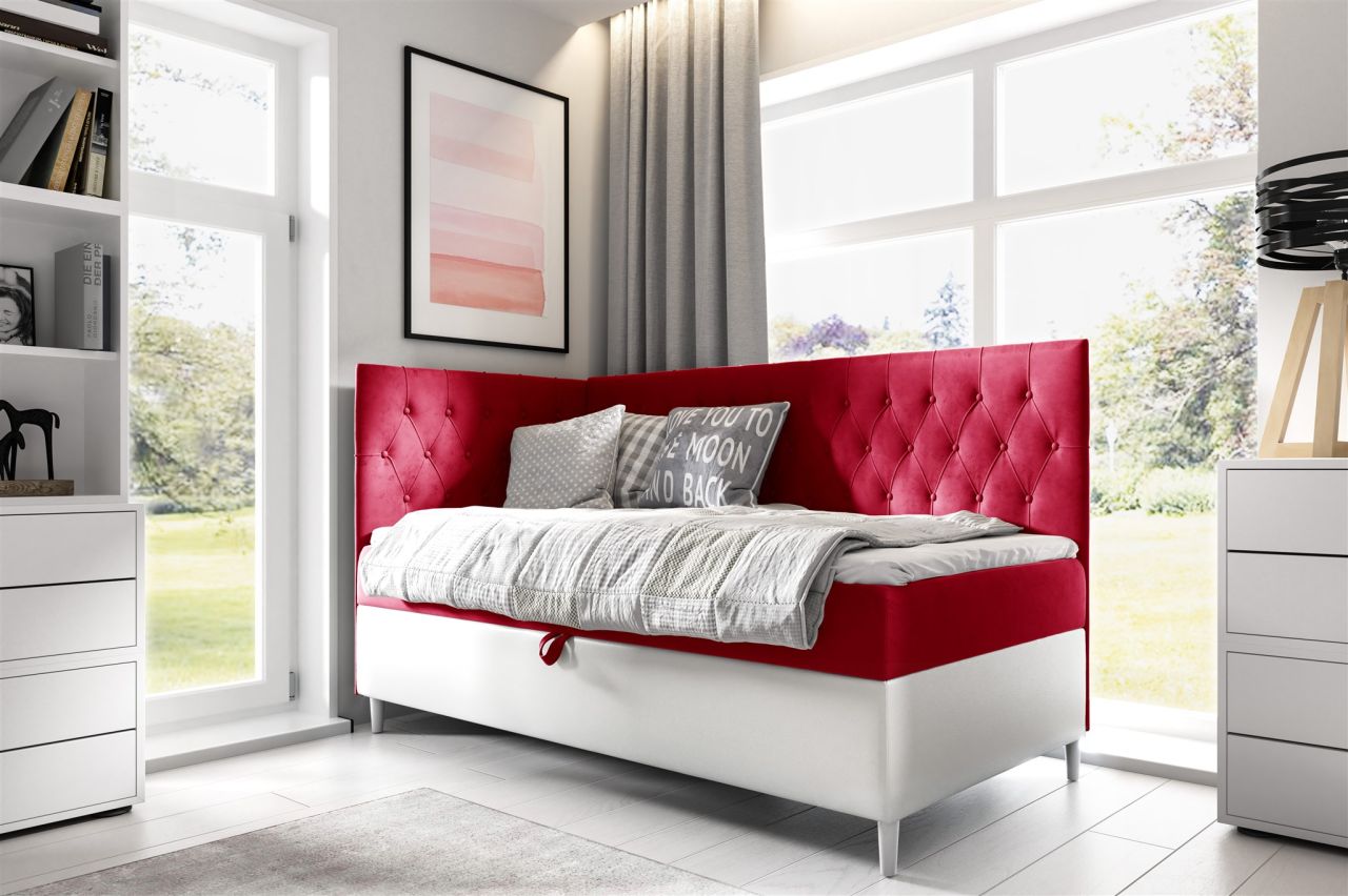 Boxspringbett Gästebett Kinderbett FINJA Nr.3 90x200cm Weiss-Rot Seite Links