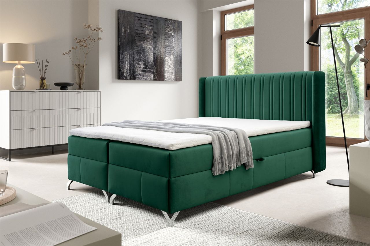Boxspringbett Schlafzimmerbett DAMIEN 120x200cm Stoff Salvador Flaschengrün