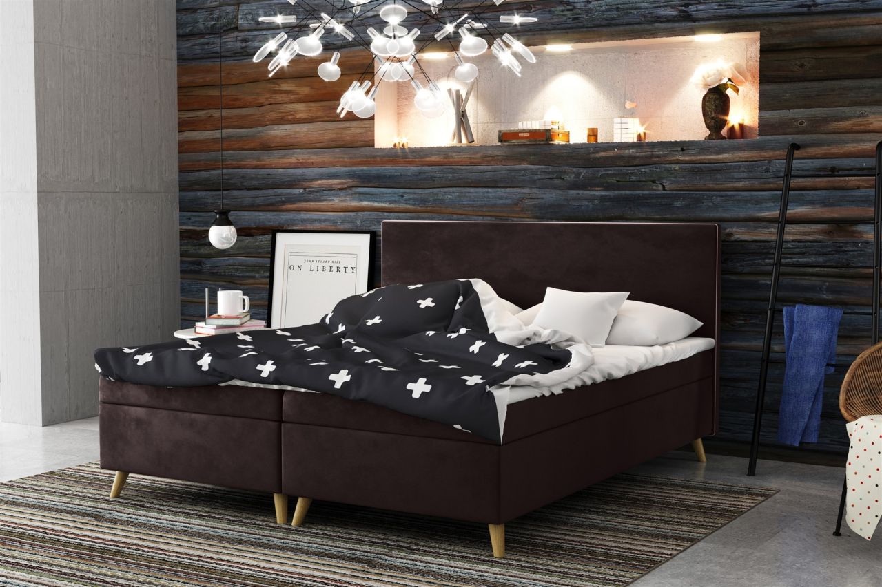 Boxspringbett Schlafzimmerbett Sileno 140x200cm in Stoff Riviera Dunkelbraun