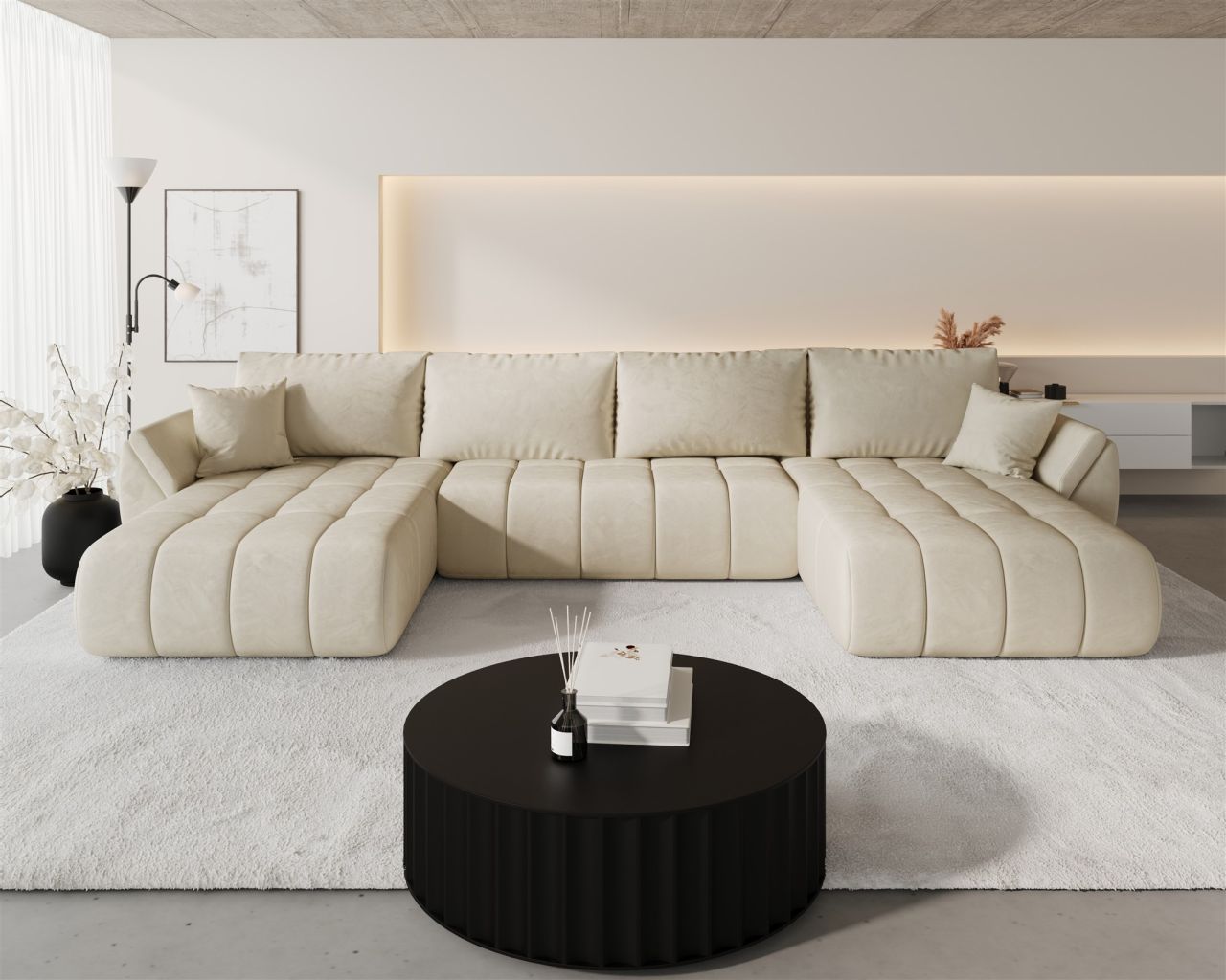 Wohnlandschaft Sofa mit Schlaffunktion MISATO Stoff Monolith Creme
