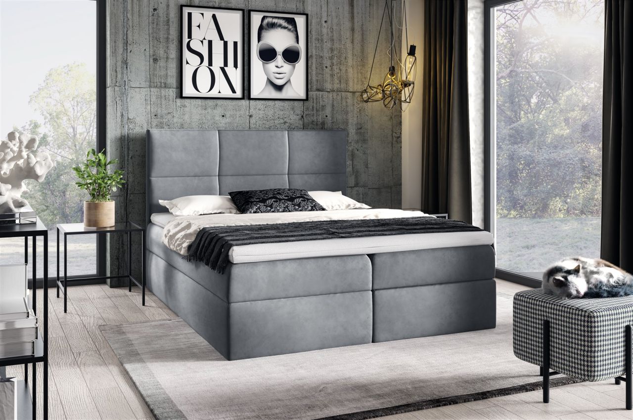 Boxspringbett Schlafzimmerbett HUDSON 200x200cm in Stoff Fresh Grau