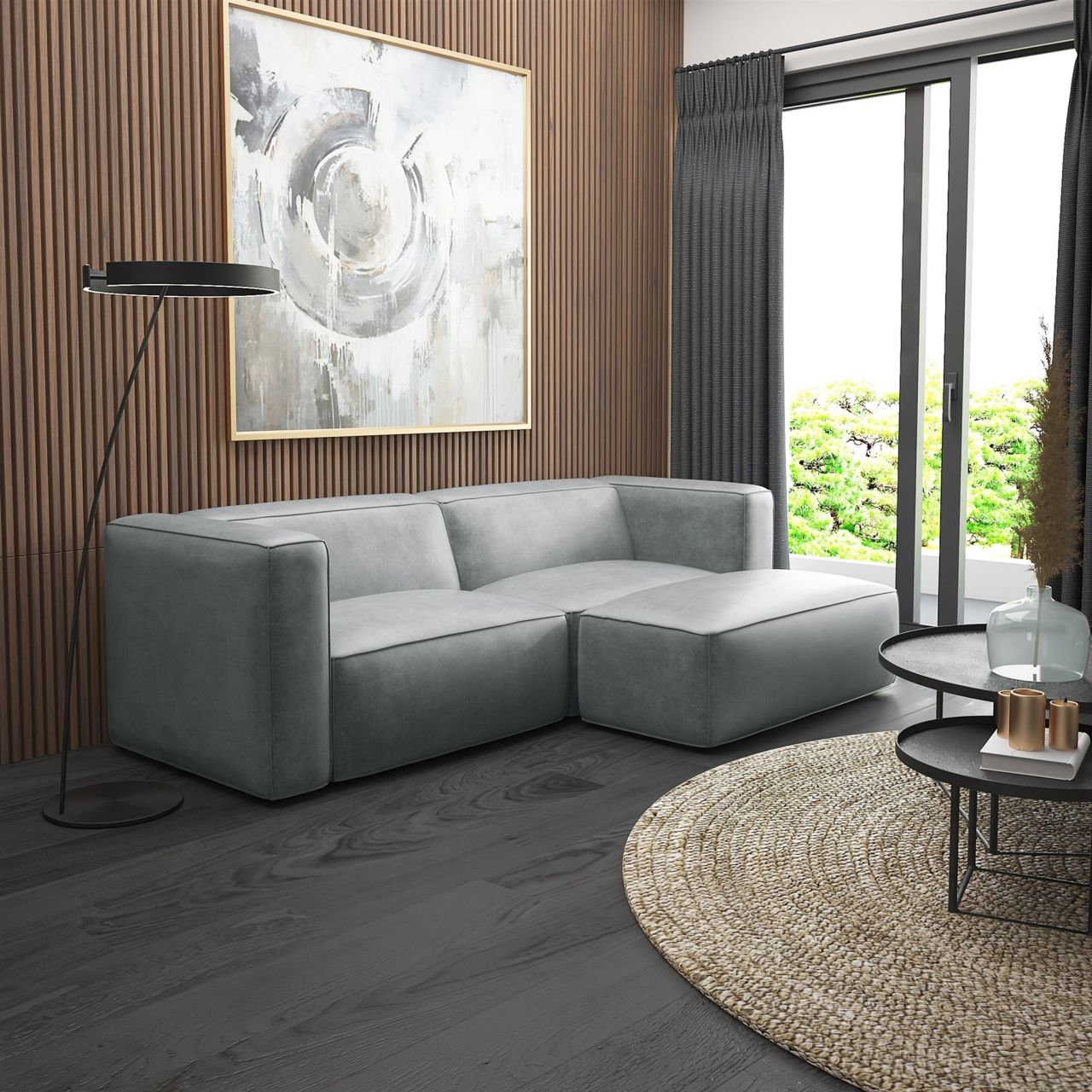 Ecksofa ersofa Sofa HELMER XS in Stoff Pola Hellgrau Ottomane Rechts